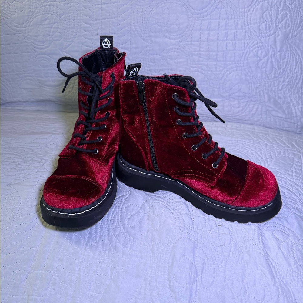 Anarchic By T.U.K. Burgundy Velvet Boots - Picture 2 of 8